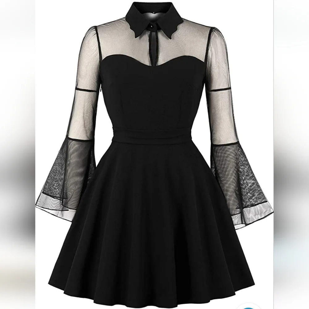 Keyhole Mesh Bell Long Sleeve Gothic Cocktail Vintage Dress - Picture 7 of 7